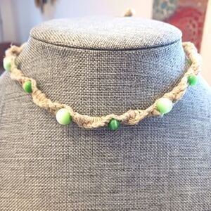 Handmade Hemp Macrame Necklace w/ Green Cat's Eye Beads - New Item (up to 17")